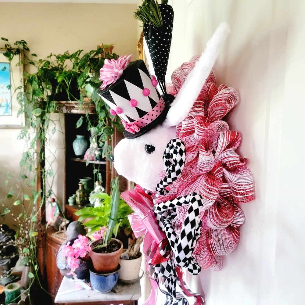 Spring Bunny Wreath Deco Mesh Bow Plush Rabbit - Picture 11 of 12